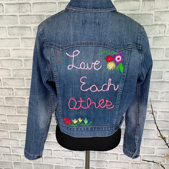 Hand Embroidered Love Each Other Denim Jacket - Picture 5 of 8